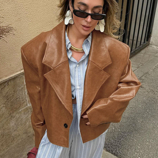 Suit Collar PU Leather Jacket Coat For Women