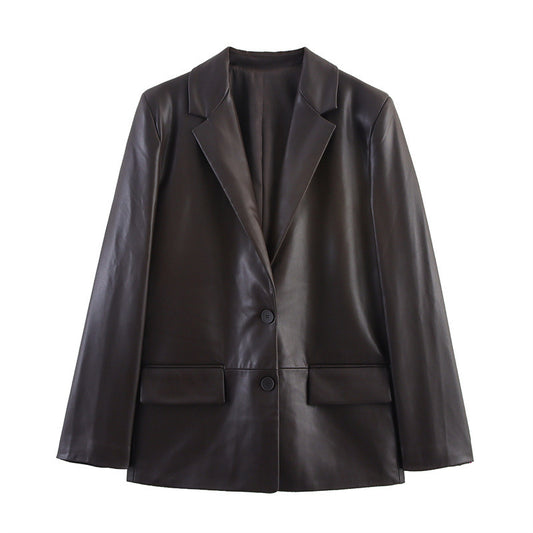 Fashion Temperament Women's Straight Leather Effect Blazer