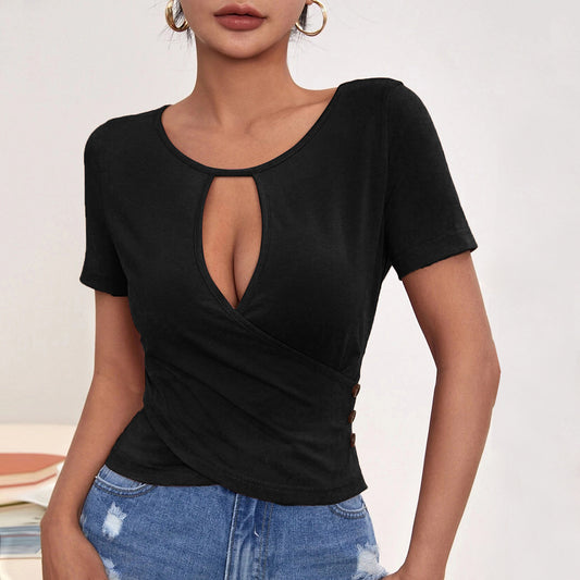 European And American New Sexy Hollow Button Slim Casual Short-sleeved Top