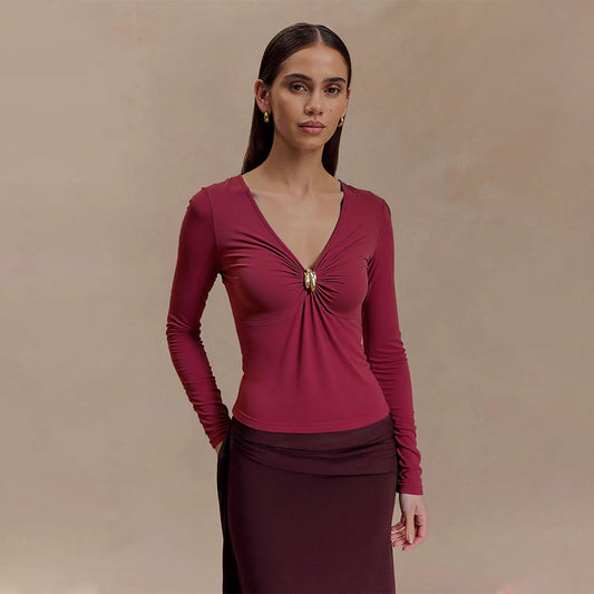 Wine Red V-neck T-shirt Women's FallWinter Slim Inner Match Slimming Top