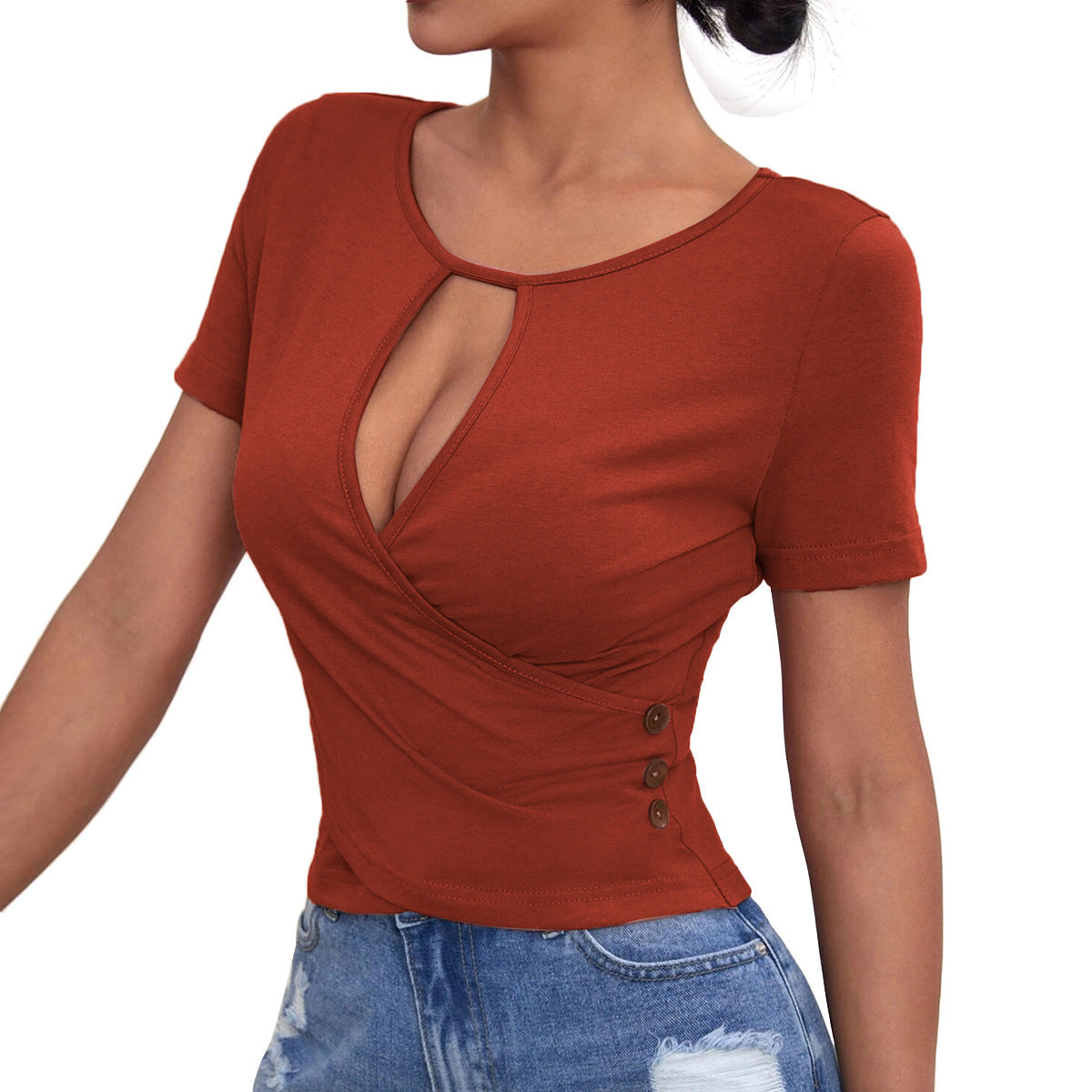European And American New Sexy Hollow Button Slim Casual Short-sleeved Top