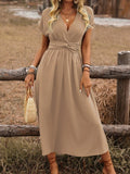 Women's Europe And America Cross Border V-neck Pleated Solid Color Waist Dress