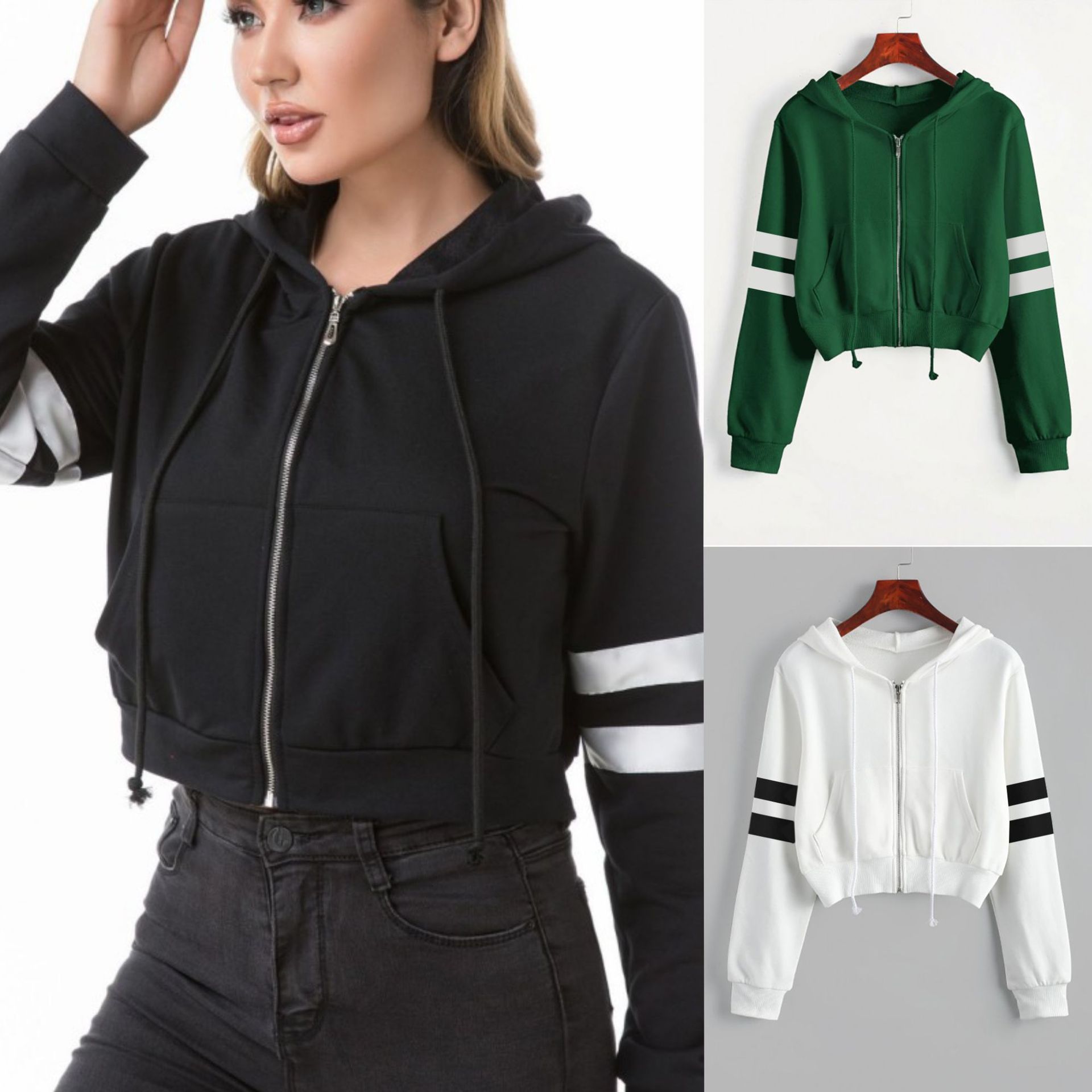 Solid Color Short Long-sleeve Zipper Parallel Bars Hoodie Coat