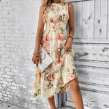 Sleeveless Round Neck Smocking Dress High Waist Slimming Design