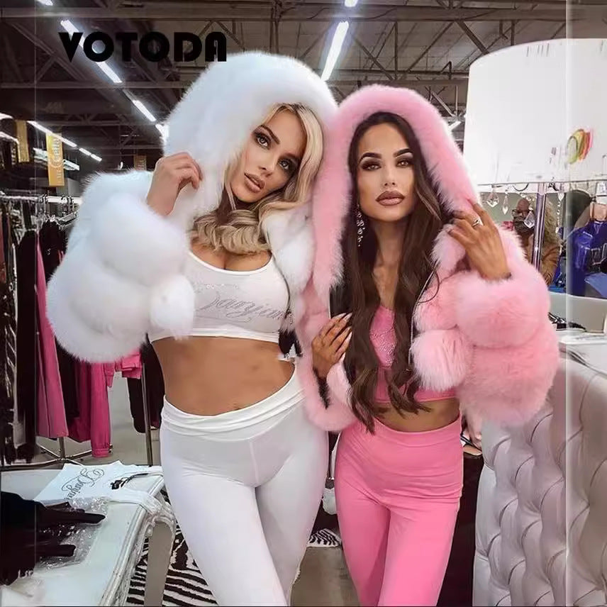 Short Hooded Faux Fur Long Sleeve Coat