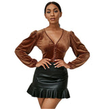 Spring And Summer New European And American V-neck Slim-fit Short Puff Sleeve Cardigan Long Sleeve Top