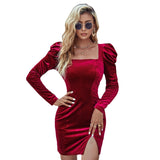 Autumn And Winter New European And American Slit Slim-fitting Velvet Long Sleeves Dress