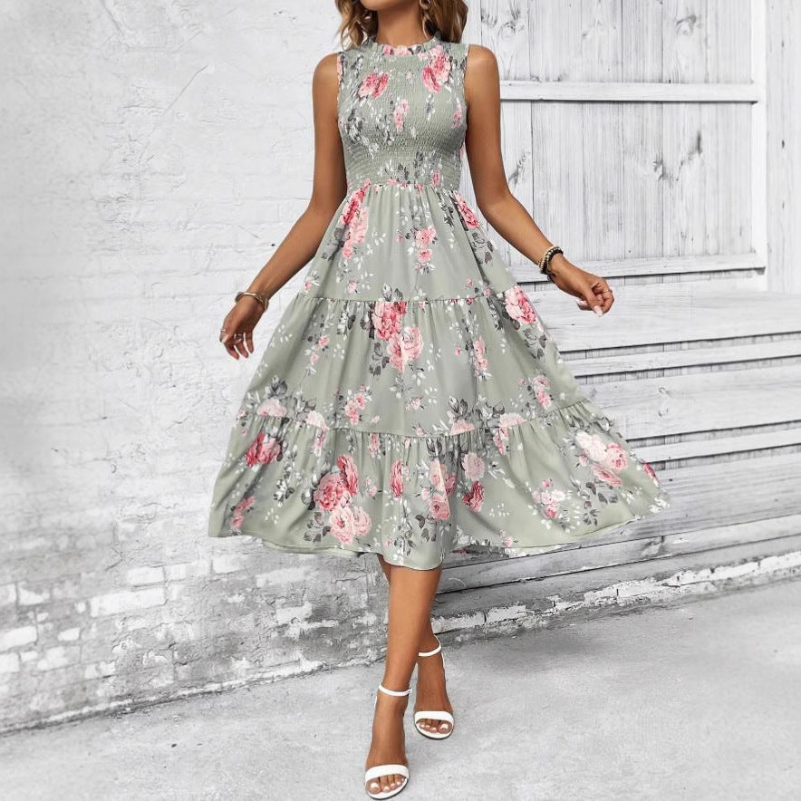 Sleeveless Round Neck Smocking Dress High Waist Slimming Design