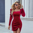 Autumn And Winter New European And American Slit Slim-fitting Velvet Long Sleeves Dress