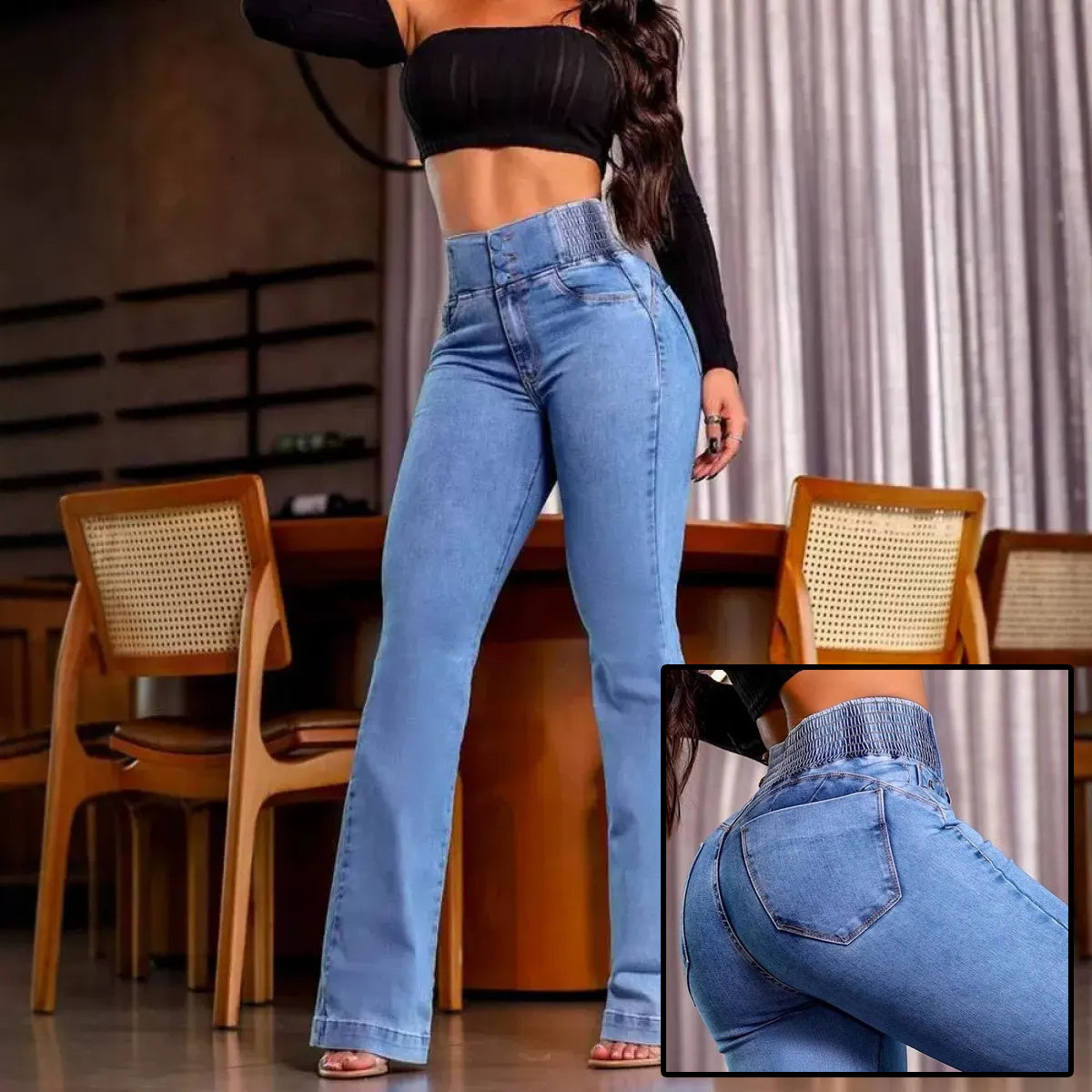 Sexy Elegant New Fashion Casual Female Trouser Bottom Back Shirred Button Front High Waist Jeans