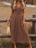 Women's Europe And America Cross Border V-neck Pleated Solid Color Waist Dress