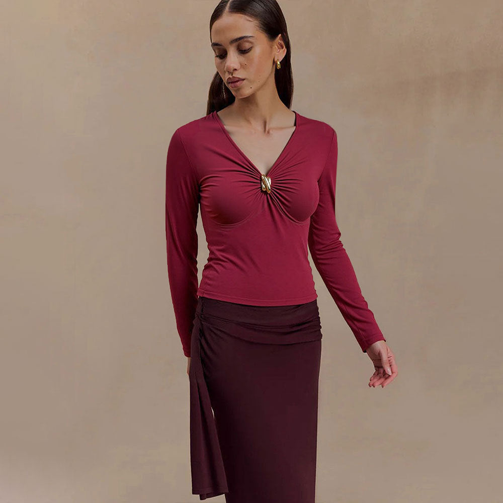 Wine Red V-neck T-shirt Women's FallWinter Slim Inner Match Slimming Top