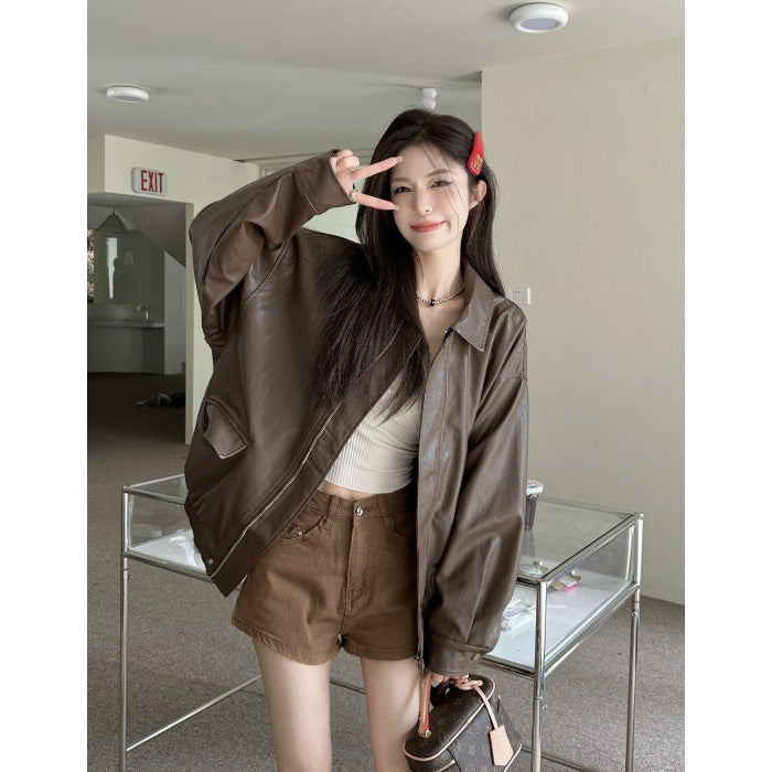 American Sweet Cool Retro Vintage Brown Leather Coat