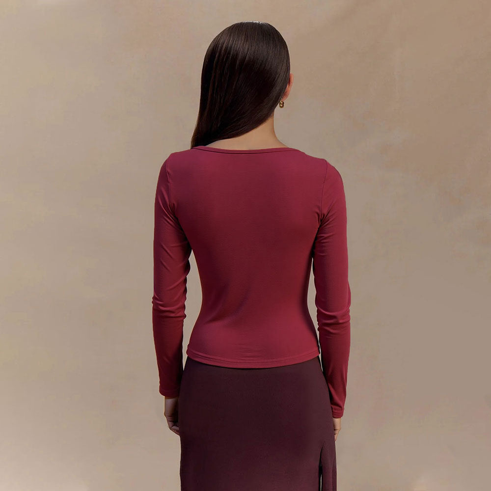 Wine Red V-neck T-shirt Women's FallWinter Slim Inner Match Slimming Top