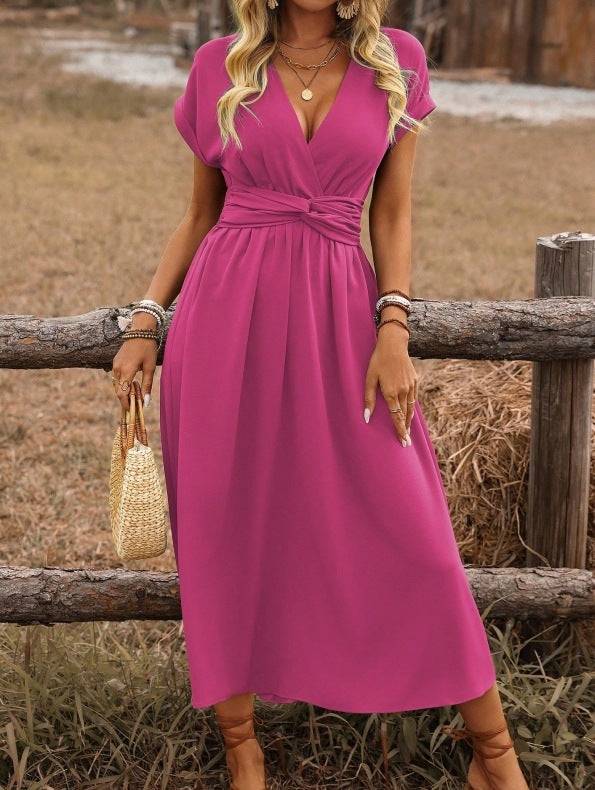 Women's Europe And America Cross Border V-neck Pleated Solid Color Waist Dress