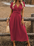 Women's Europe And America Cross Border V-neck Pleated Solid Color Waist Dress