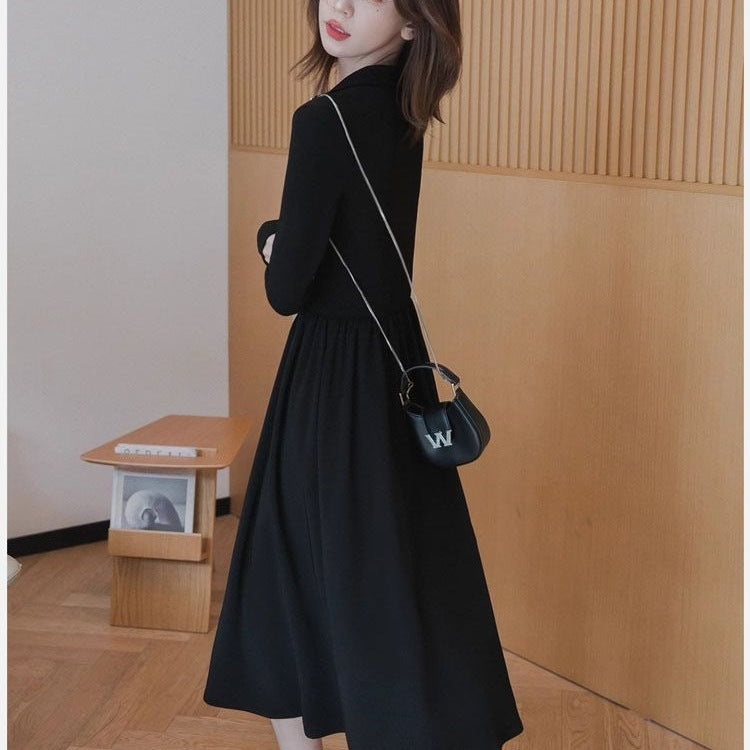 Women's Temperament Small Size Black Inner Long-sleeved Dress