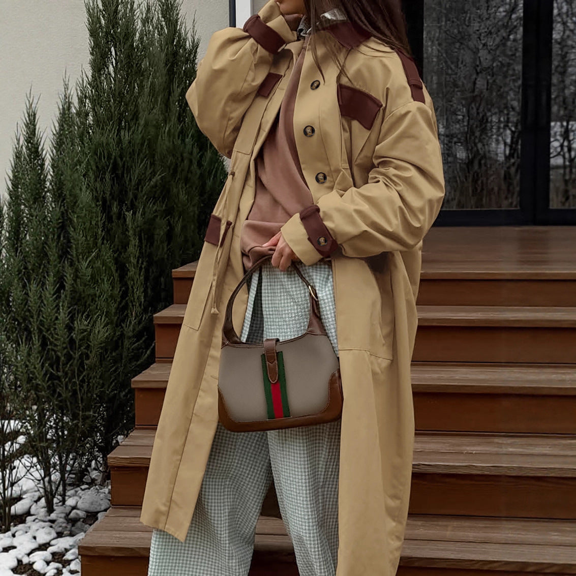 Autumn And Winter Retro Contrast Color Trench Coat For Women
