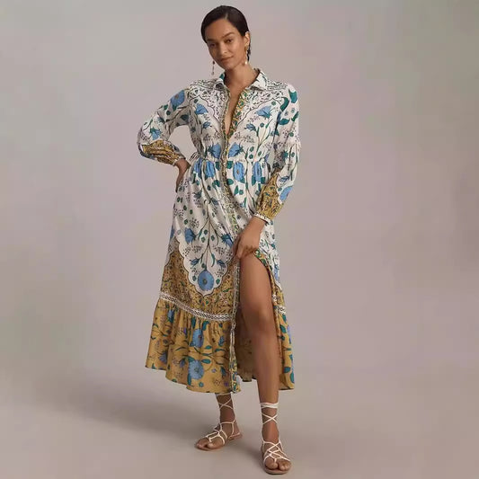 Women's Floral Print Long-sleeved Shirt Dress