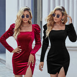 Autumn And Winter New European And American Slit Slim-fitting Velvet Long Sleeves Dress