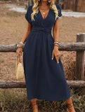 Women's Europe And America Cross Border V-neck Pleated Solid Color Waist Dress