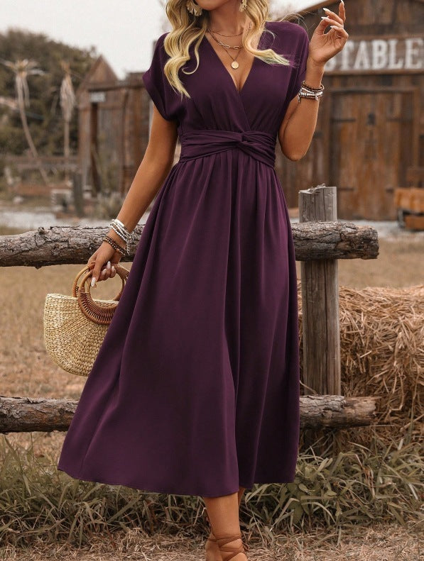 Women's Europe And America Cross Border V-neck Pleated Solid Color Waist Dress