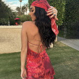 Women's Printed Hollow Backless Dress With Hanging Collar