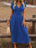 Women's Europe And America Cross Border V-neck Pleated Solid Color Waist Dress