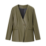 Women's Long-sleeved V-neck Leather Jacket