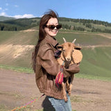 Women's Casual American Retro Solid Color Loose Leather Coat