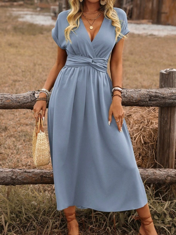 Women's Europe And America Cross Border V-neck Pleated Solid Color Waist Dress