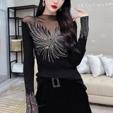 Women's Stitching Mesh Hollow Diamond All-matching Long Sleeve Top
