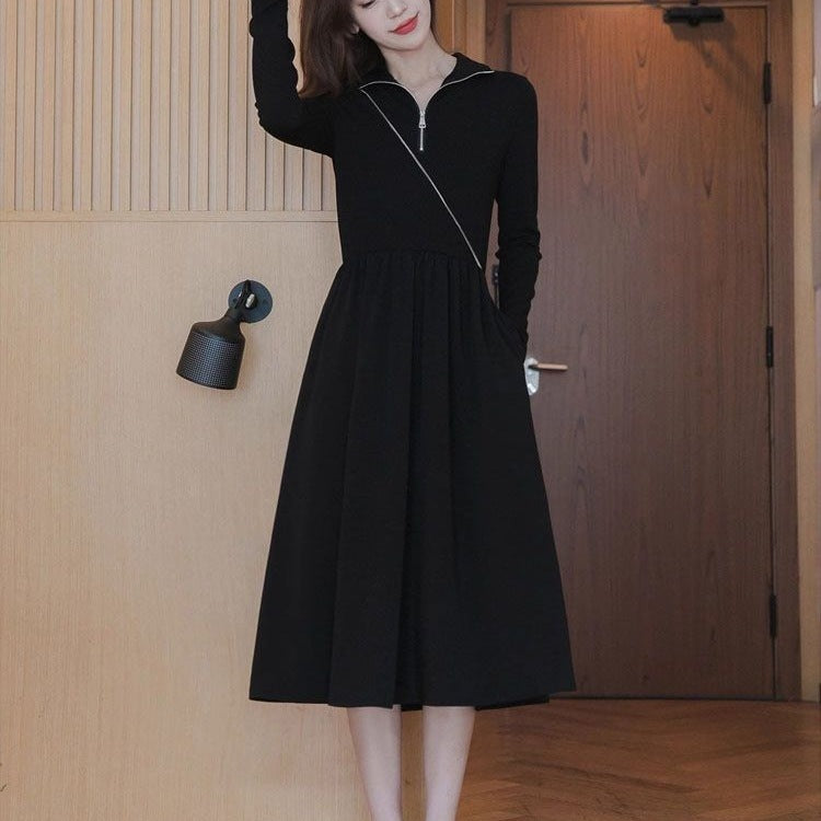 Women's Temperament Small Size Black Inner Long-sleeved Dress
