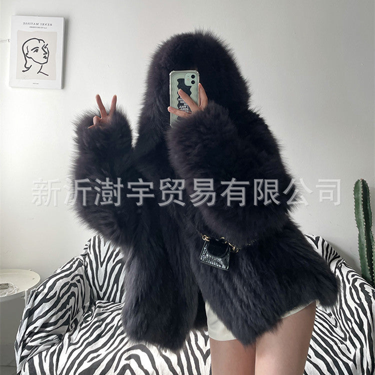 Fur Women's Clothing Fox Fur Coat Hooded Large Size Fuzzy Top