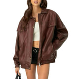 Women's Leather Jacket Loose Long Sleeve Lapel Motorcycle Jacket