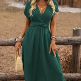 Women's Europe And America Cross Border V-neck Pleated Solid Color Waist Dress