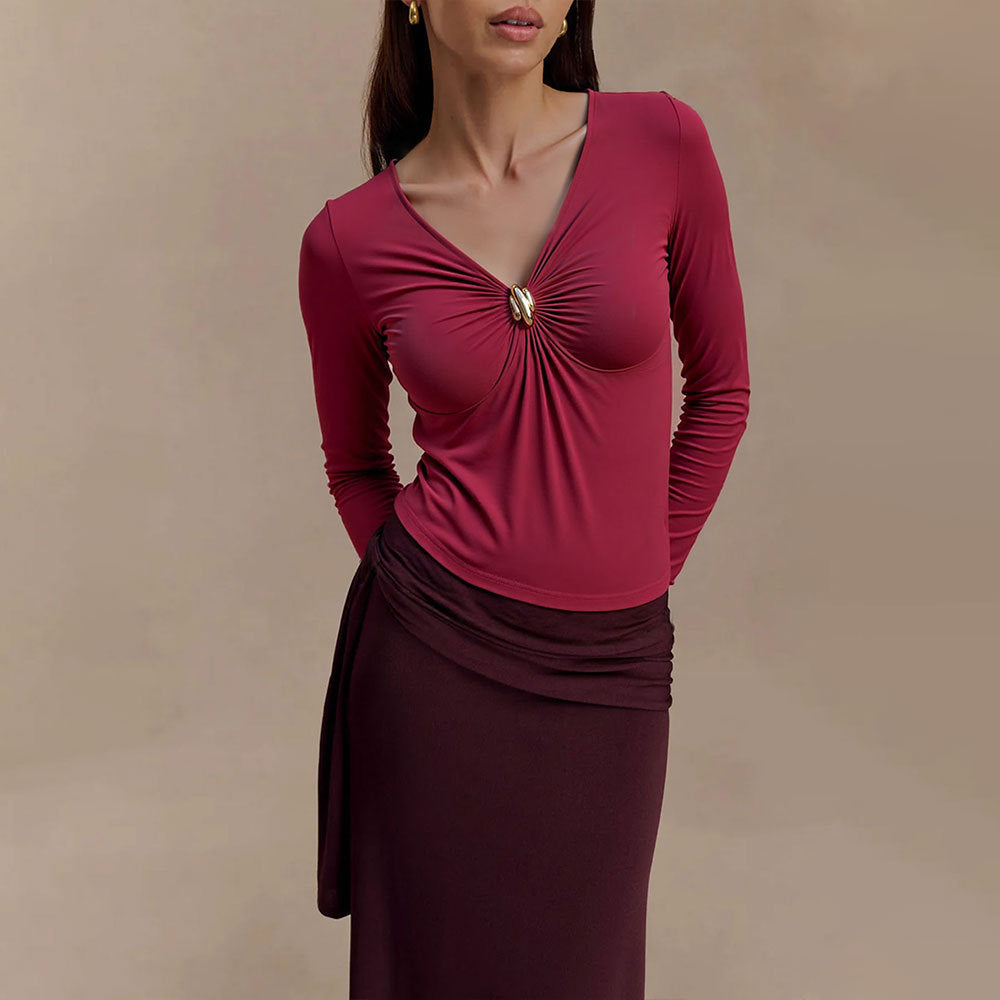 Wine Red V-neck T-shirt Women's FallWinter Slim Inner Match Slimming Top