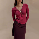 Wine Red V-neck T-shirt Women's FallWinter Slim Inner Match Slimming Top