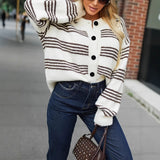 Striped Loose Button Long Sleeve Black And White Overcoat Coat