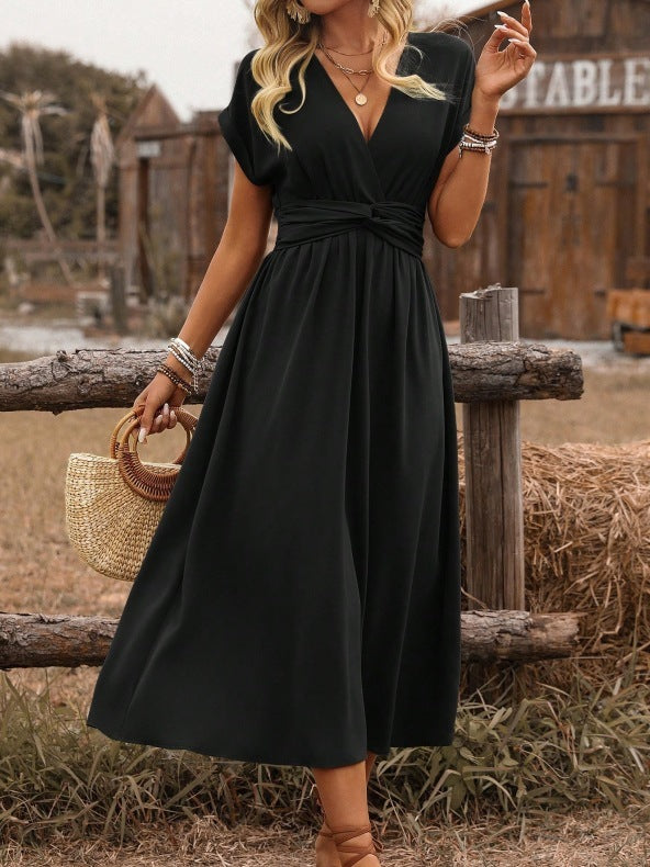 Women's Europe And America Cross Border V-neck Pleated Solid Color Waist Dress