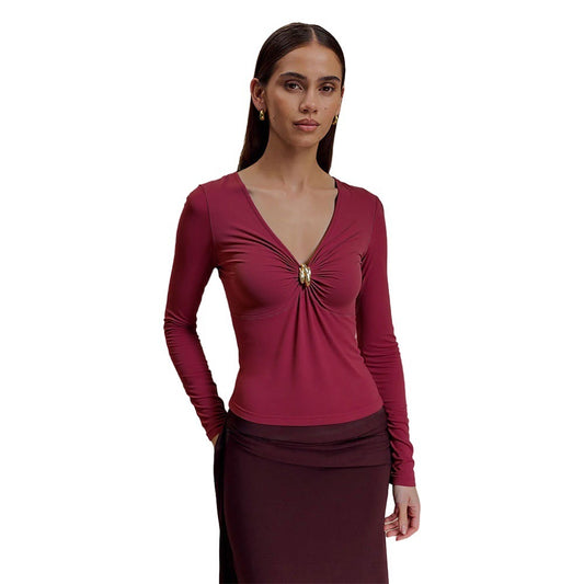 Wine Red V-neck T-shirt Women's FallWinter Slim Inner Match Slimming Top