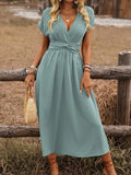 Women's Europe And America Cross Border V-neck Pleated Solid Color Waist Dress