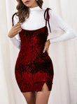Spring And Summer New European And American Sexy Slit Slim-fitting Bow Velvet Spaghetti Straps Dress