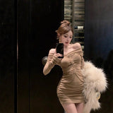 Off-shoulder Pleated Diamond Long Sleeve Dress