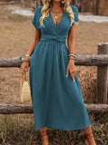 Women's Europe And America Cross Border V-neck Pleated Solid Color Waist Dress