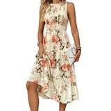 Sleeveless Round Neck Smocking Dress High Waist Slimming Design