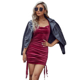 Autumn And Winter New European And American Sexy Pleating Slim Temperament Velvet Spaghetti Straps Dress
