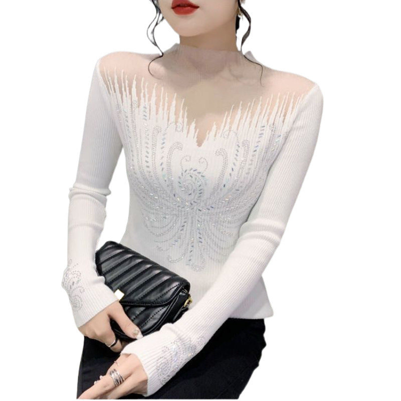 Women's Stitching Mesh Hollow Diamond All-matching Long Sleeve Top