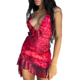 Women's Printed Hollow Backless Dress With Hanging Collar