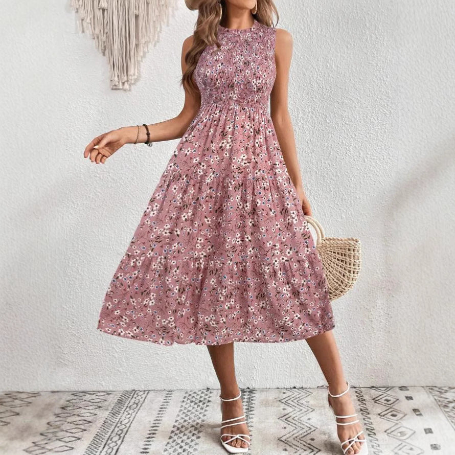 Sleeveless Round Neck Smocking Dress High Waist Slimming Design